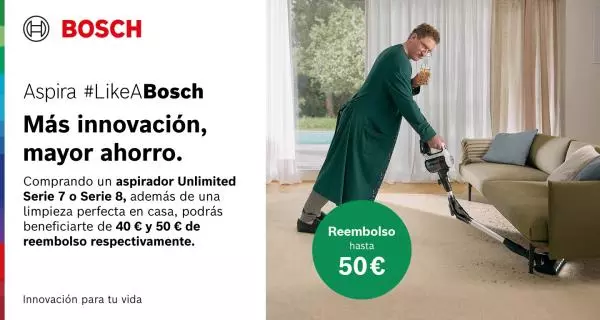Consigue hasta 50€ de reembolso con la compra de un aspirador Unlimited Bosch