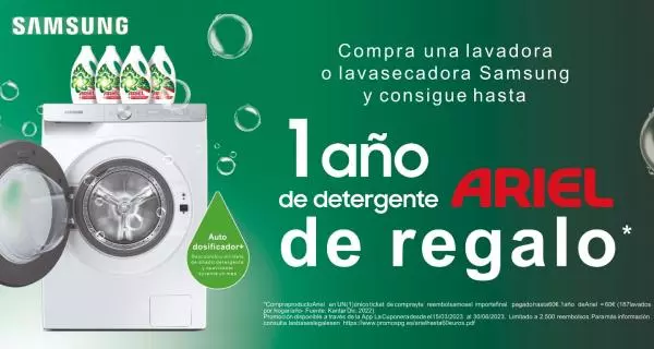 Consigue hasta 1 año de detergente Ariel por la compra de tu lavadora o lavasecadora Samsung