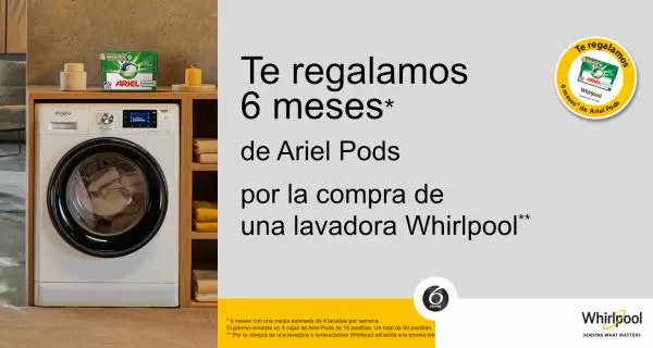Compra tu lavadora o lavasecadora Whirlpool y consigue 6 meses de detergente Ariel Pods