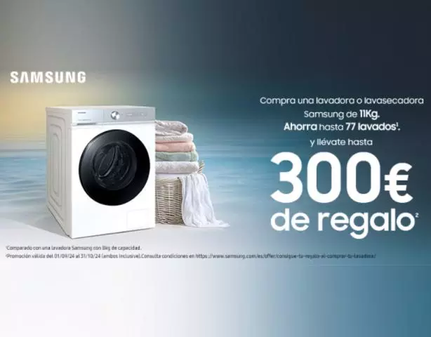Con la compra de una lavadora de 11kg de Samsung, consigue 33Euros de regalo