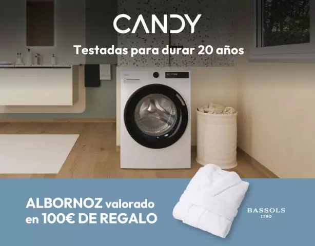 Regalo asegurado: consigue un albornoz BASOLS al comprar tu lavadora Candy testada para durar 20 años