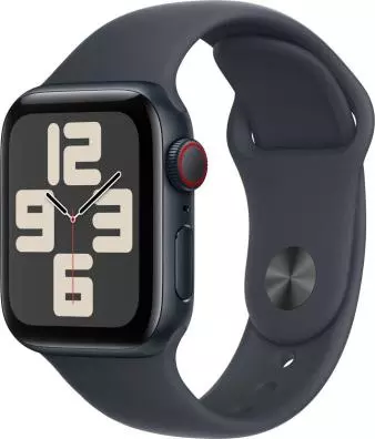 Apple Watch SE (2024), GPS + Cellular, 40 mm, Caja de aluminio Medianoche, Vidrio delantero Ion-X, Correa deportiva Medianoche, Talla S/M