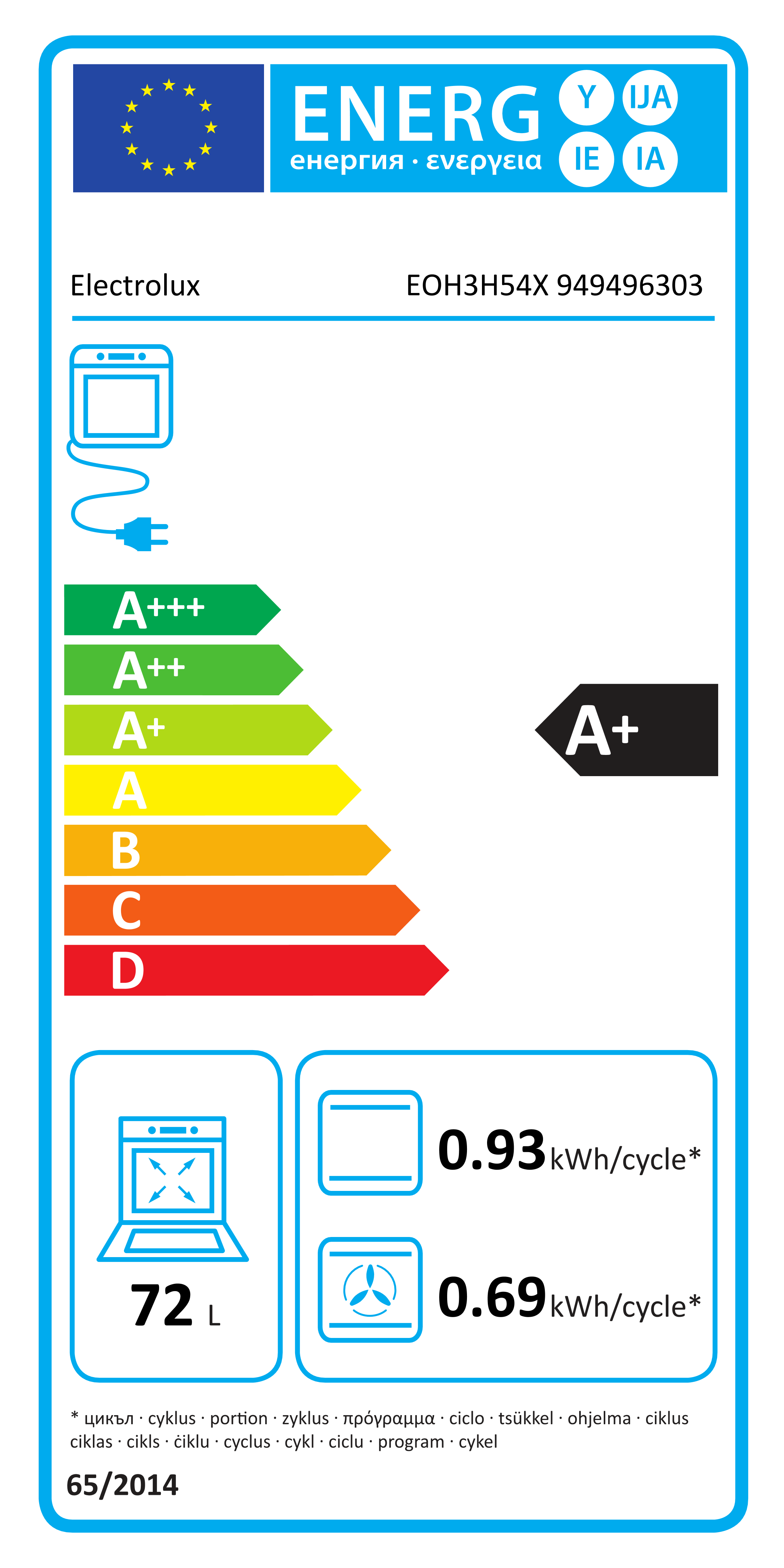 Etiqueta energética Electrolux EOH3H54X 72lt (clase A)