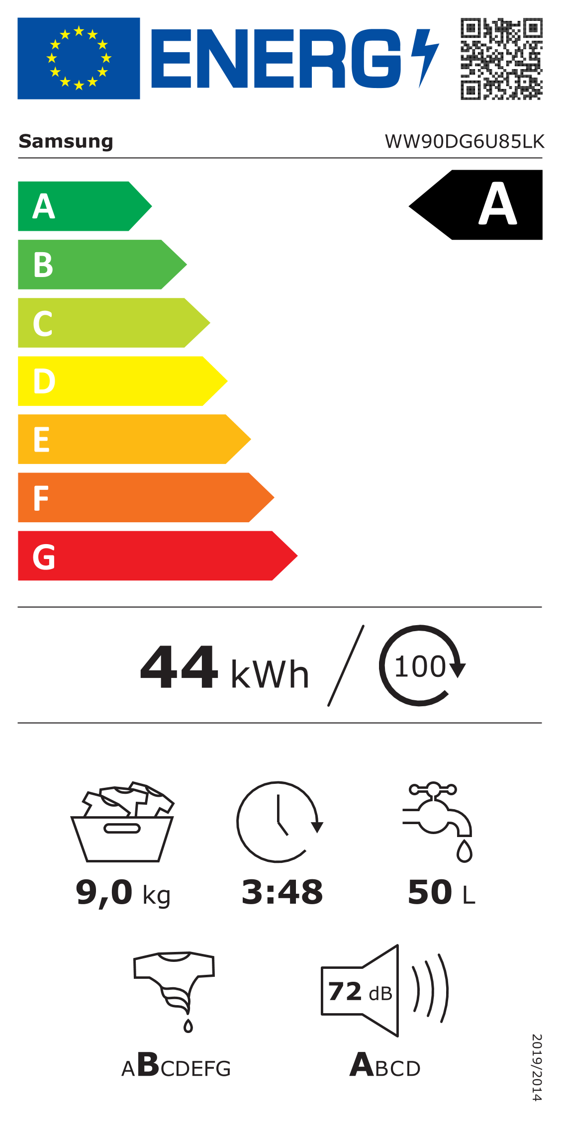 Etiqueta energética Samsung WW90DG6U85LKU (clase A)