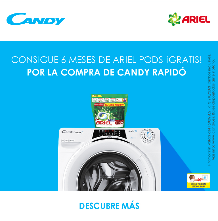 Consigue  6 meses de Ariel Pods de regalo por la compra de tu lavadora Rapido Candy