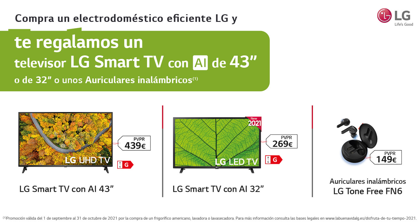 Consigue un televisor LG Smart TV de hasta 43 pulgadas o unos auriculares por la compra de tu electrodoméstico eficiente LG