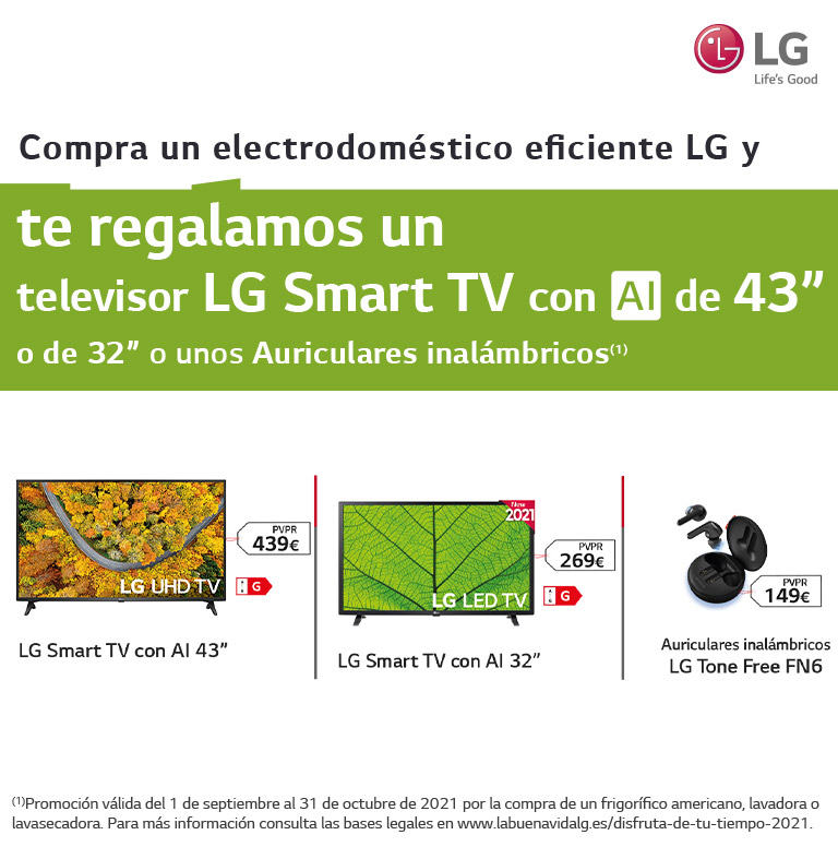 Consigue un televisor LG Smart TV de hasta 43 pulgadas o unos auriculares por la compra de tu electrodoméstico eficiente LG