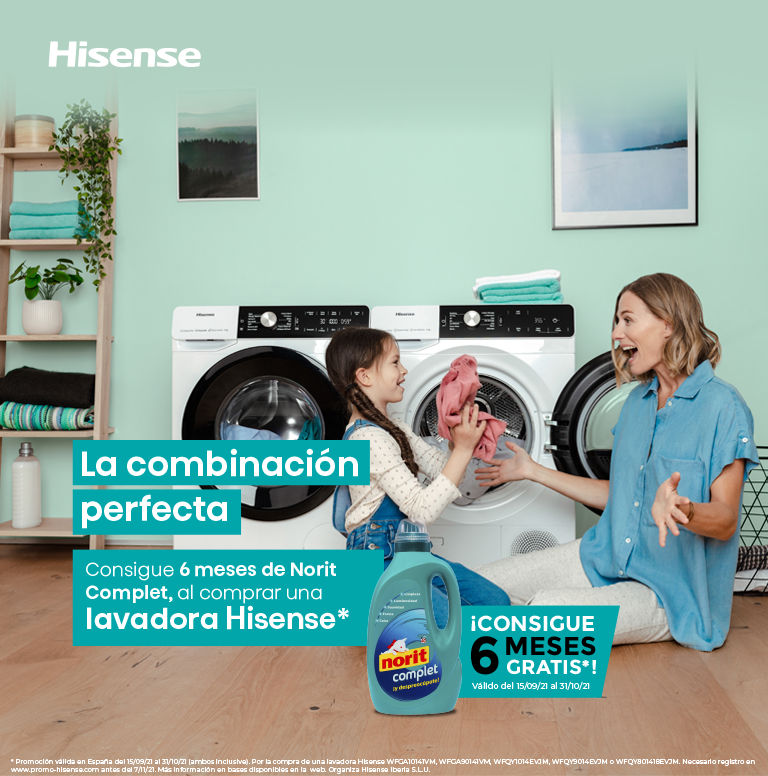 Consigue 6 meses de Norit por la compra de tu lavadora Hisense