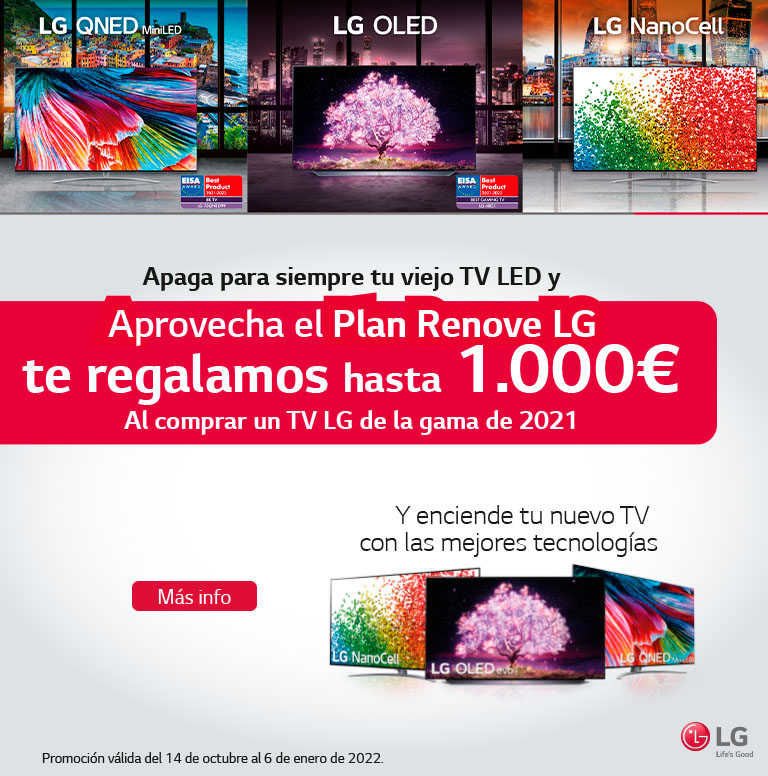 Consigue un reembolso de hasta 1000€ por la compra de tu televisor OLED, QNED o Nanocell LG