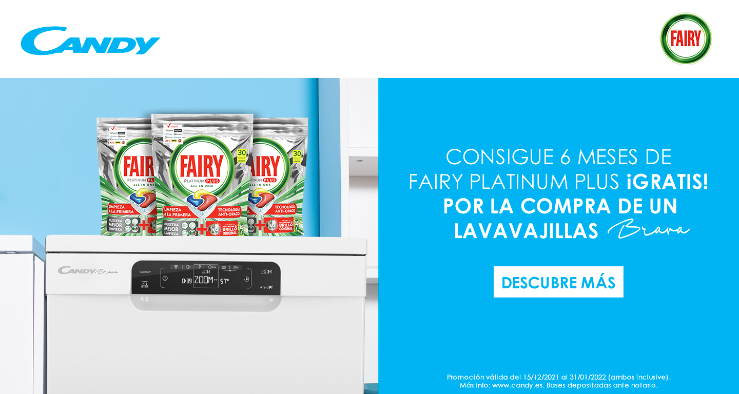 Consigue  6 meses de Fairy Platinum Plus de regalo por la compra de tu lavavajillas Brava Candy