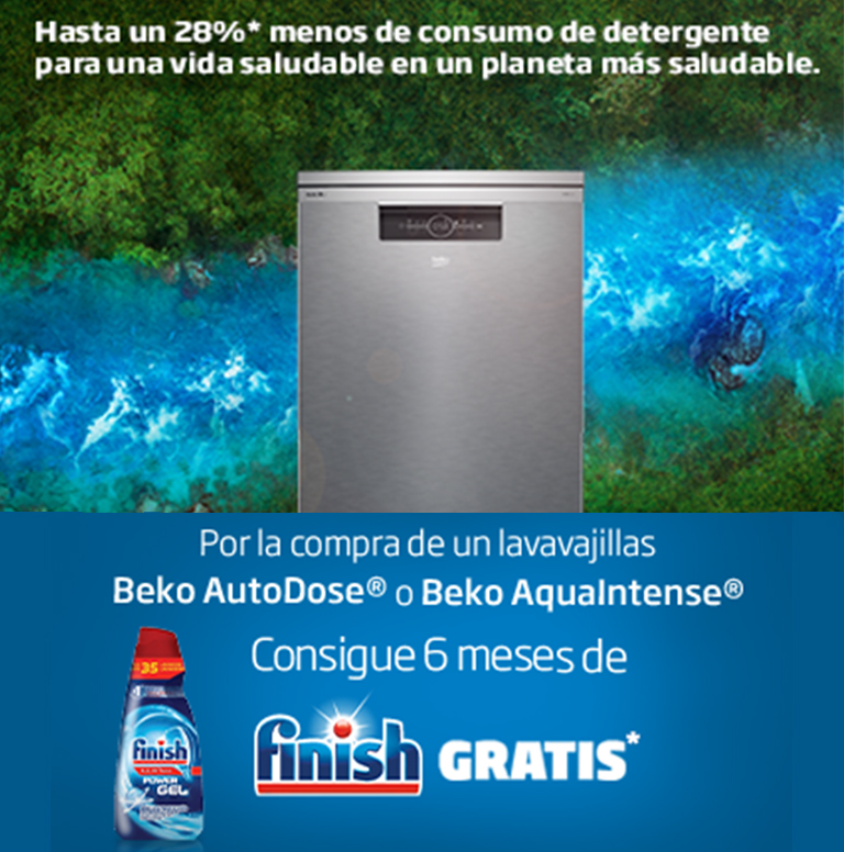 Consigue 6 meses de consumo de detergente líquido Finish por la compra de tu Lavavajillas Beko