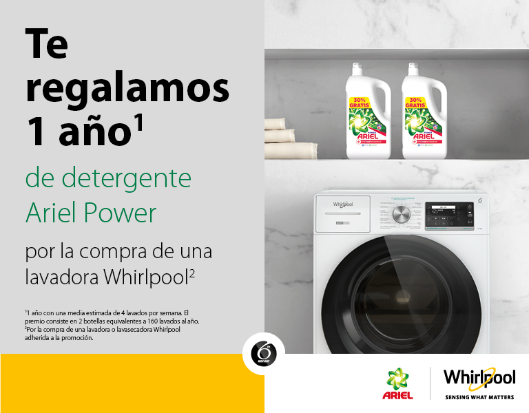 Consigue  1 año de detergente Ariel Power por la compra de tu lavadora Whirlpool