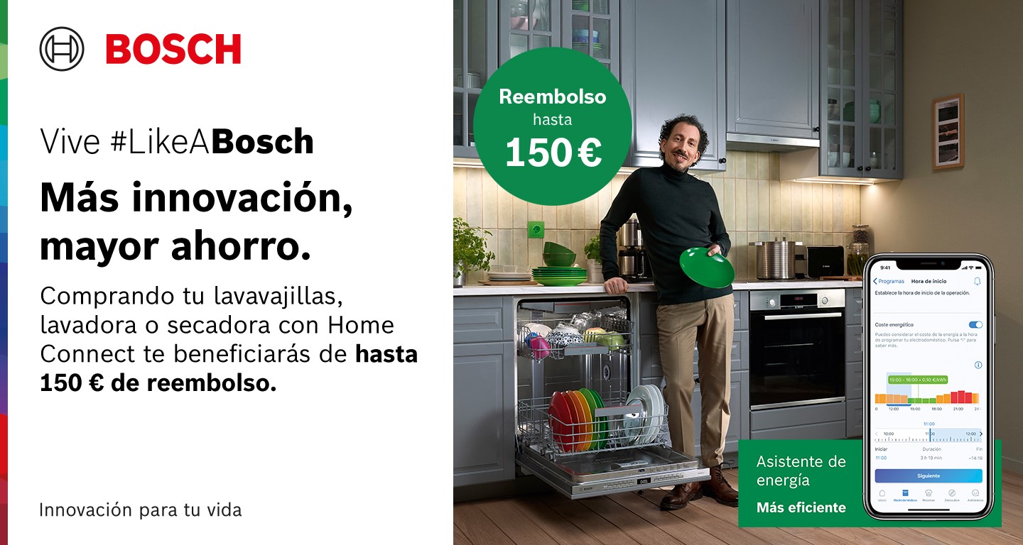 Consigue hasta 150 euros de reembolso por la compra de tu lavavajillas, lavadora o secadora con Home Connect de Bosch