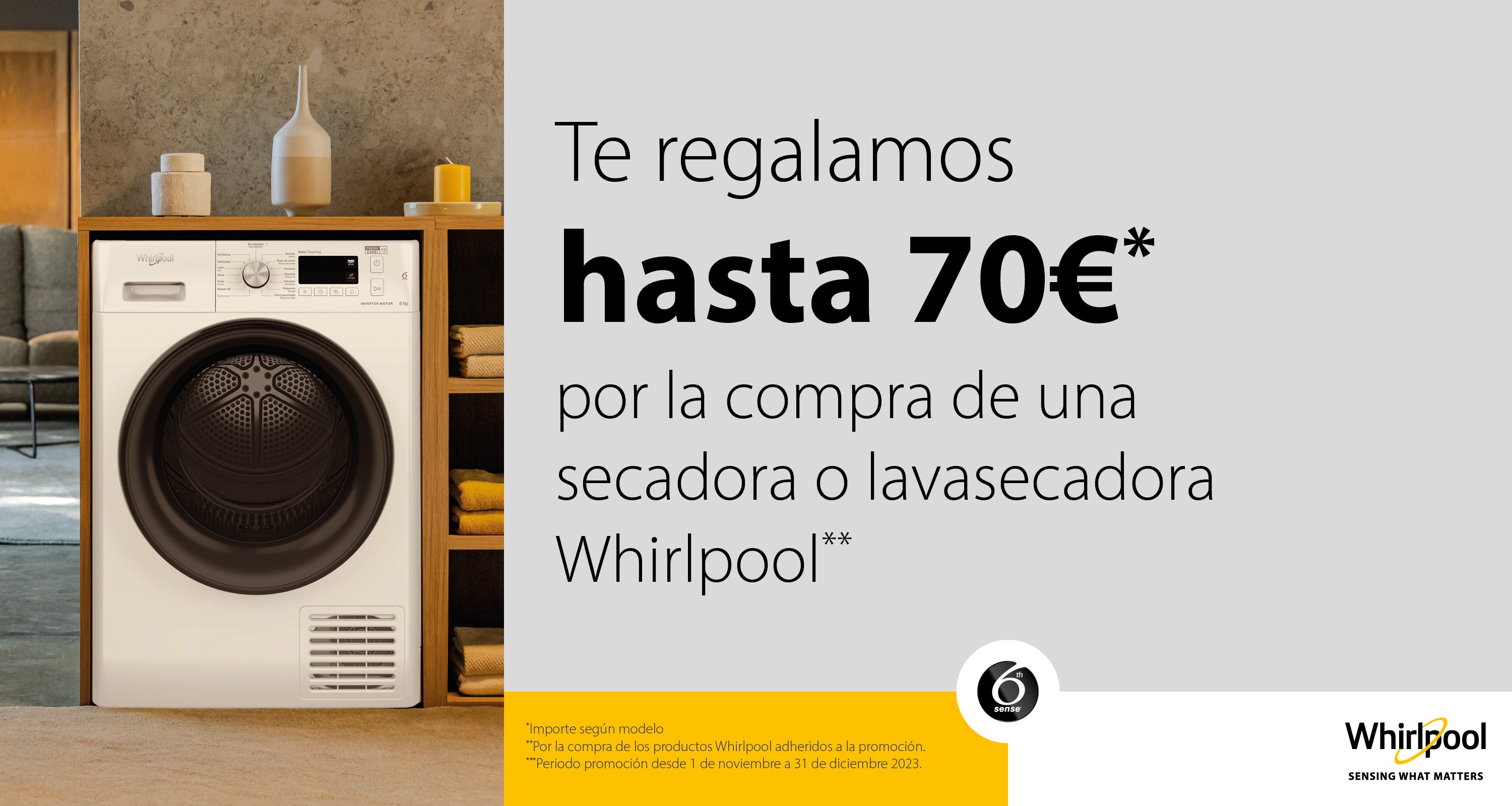Consigue hasta 70€ de reembolso por la compra de tu secadora o lavasecadora Whirlpool